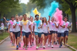 Participants joyeux courant lors d'une course colorée en plein air