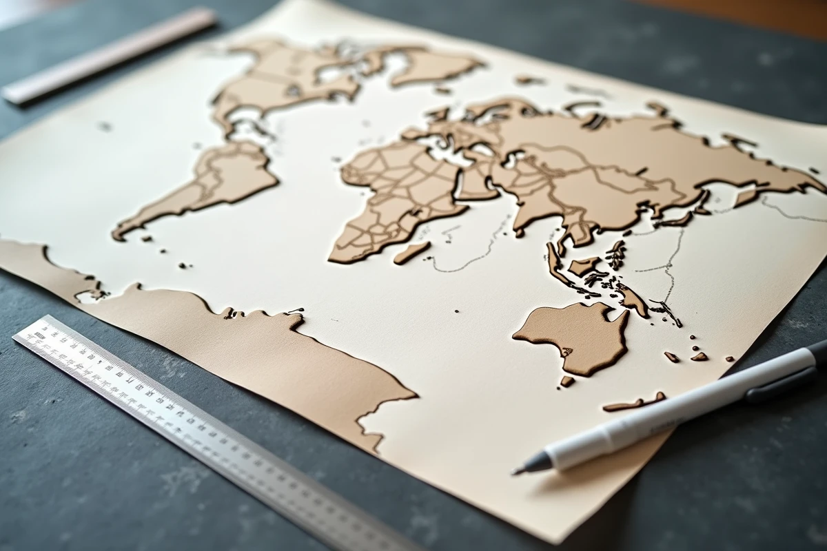 Gros plan d'une carte du monde vierge imprimée sur papier texturé avec règle et stylo pour annotation