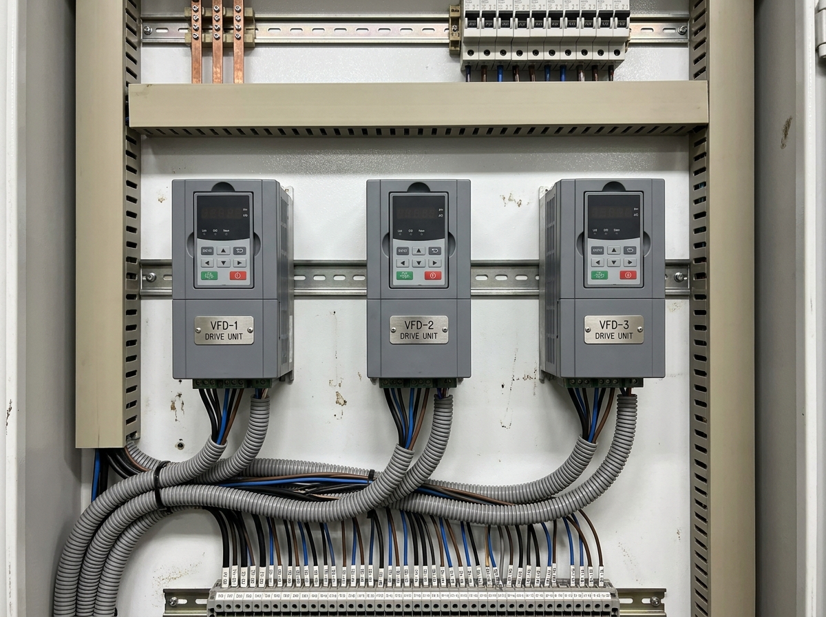 Gros plan sur des variateurs de fréquence montés en armoire avec câblage organisé et étiquetage clair pour la maintenance