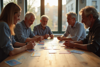 Groupe d'adultes jouant à SkipBo sur une table en bois