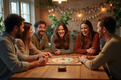 Groupe d'adultes jouant à un jeu de société lors d'une fête conviviale