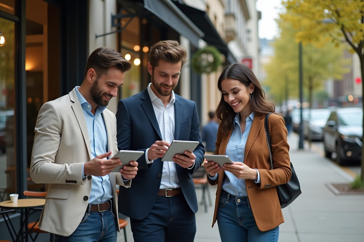 Jeunes adultes discutant finance sur une terrasse de café urbaine