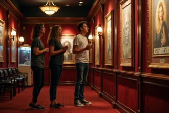 Des spectateurs enthousiastes découvrent des affiches rétro d'horreur dans le hall d'un cinéma vintage, évoquant l'attente autour de Destination Final Bloodlines