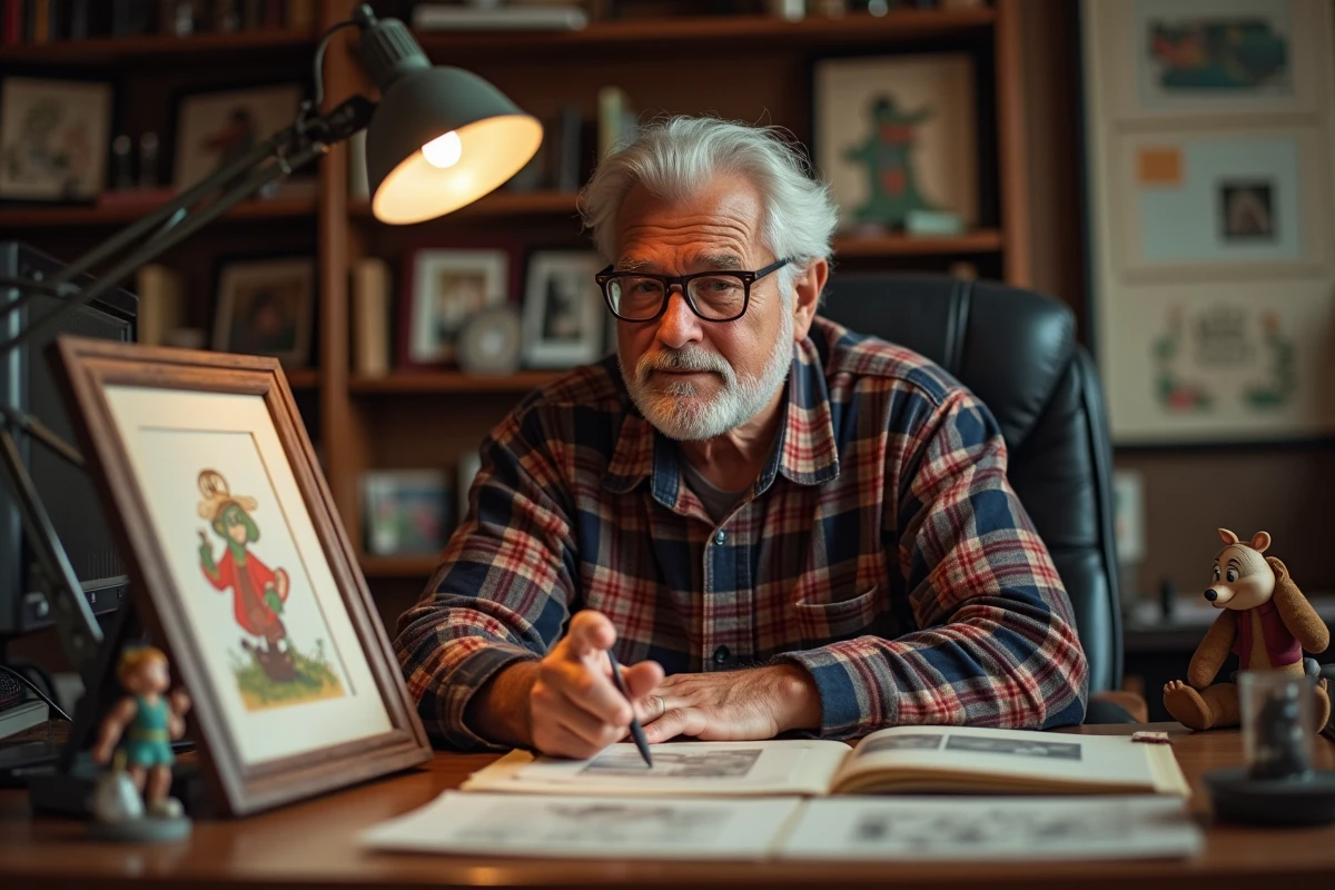 Historien du cinéma d'animation entouré de figurines et cel d'animation de personnages Disney masculins secondaires