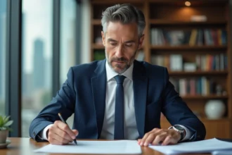 Homme d affaires en costume examinant des documents immobiliers