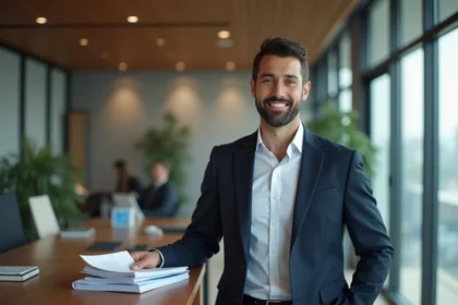 Homme d'affaires moyen-oriental en costume dans un bureau moderne