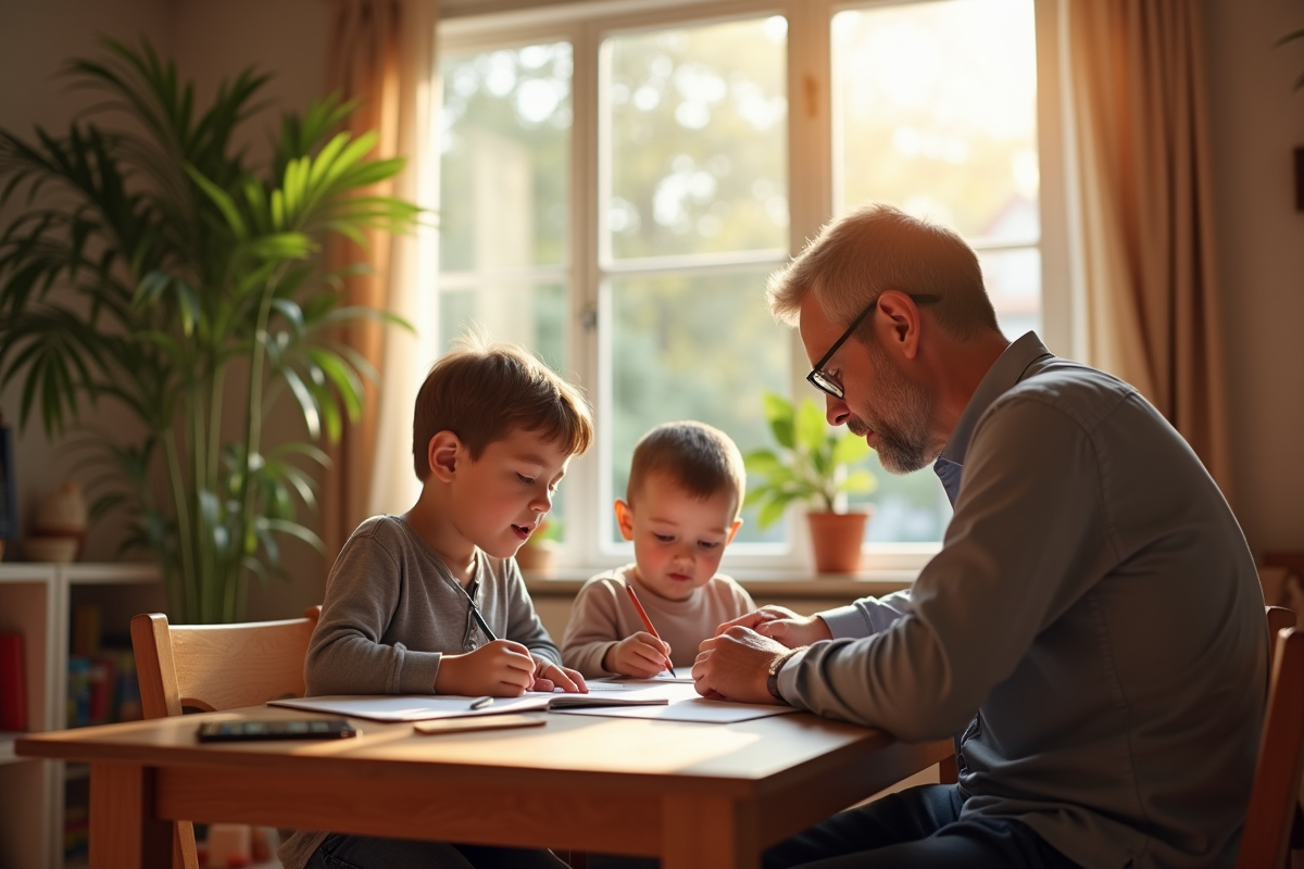Homme aidant deux enfants avec leurs devoirs dans un salon chaleureux
