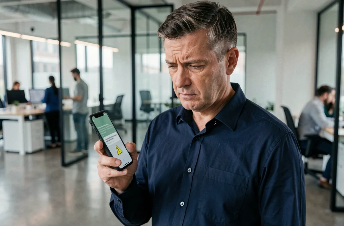 Homme d'affaires analysant une alerte de sécurité sur son smartphone dans un bureau moderne