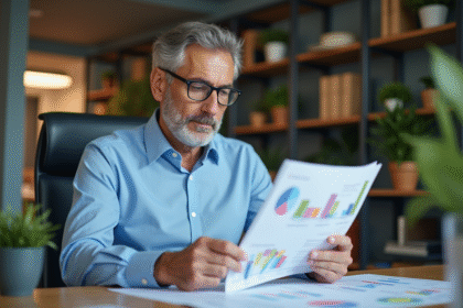 Homme d'âge moyen en chemise bleue examine des rapports financiers