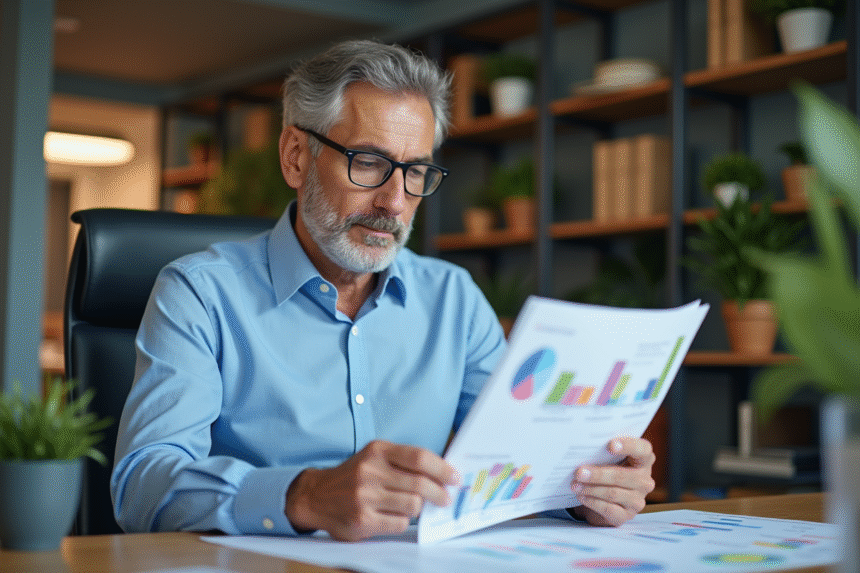 Homme d'âge moyen en chemise bleue examine des rapports financiers