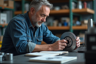 Homme d'âge moyen examine disques de frein dans un garage propre