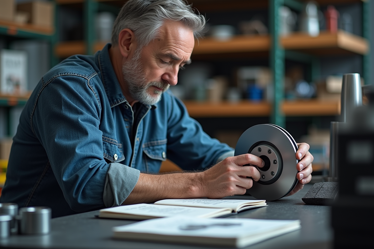 Homme d'âge moyen examine disques de frein dans un garage propre