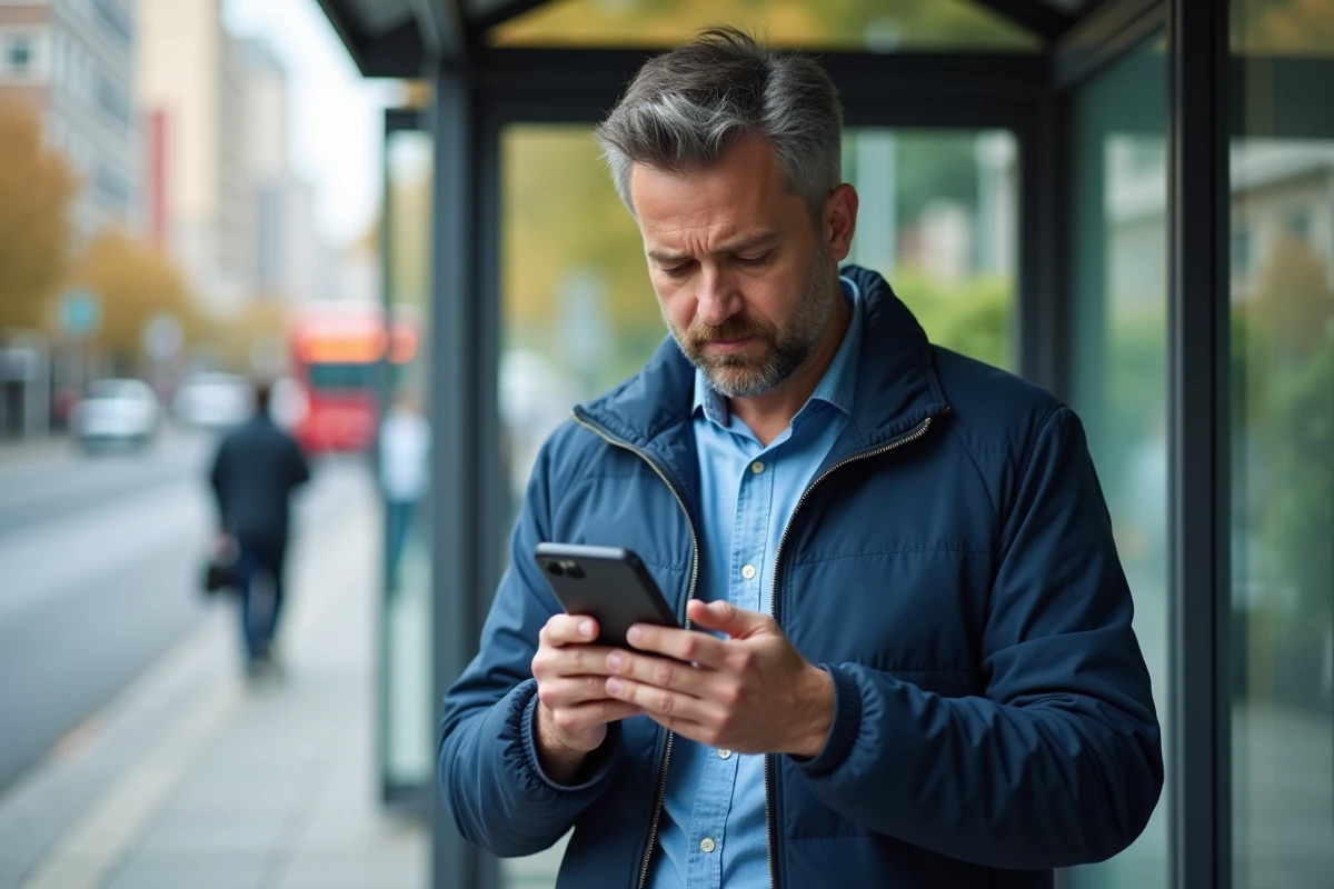 Homme en ville regardant son smartphone à l