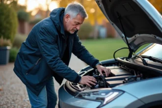 Homme vérifiant la batterie d'une voiture électrique en extérieur