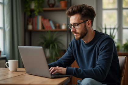 Homme en pull bleu et jeans sur ordinateur pour paris sportifs