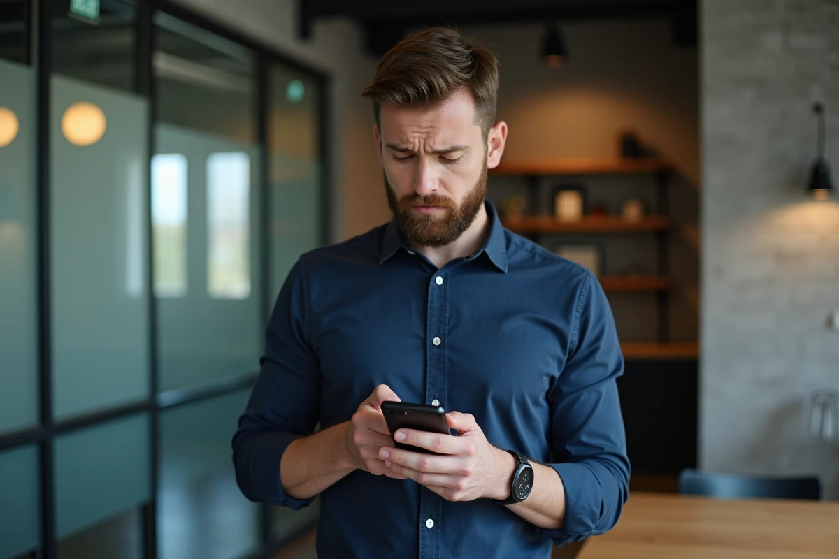 Homme en espace de coworking regardant son téléphone avec une expression composée après avoir subi un raccrochage au nez au travail