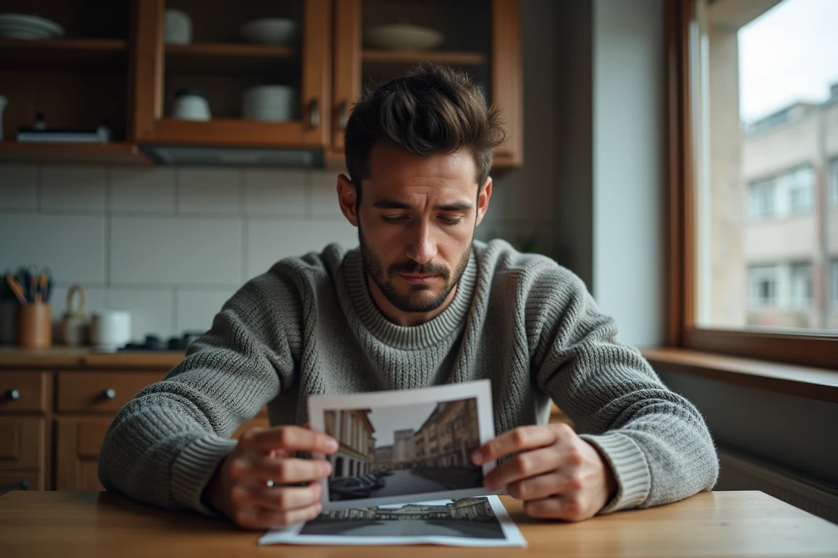 Homme examinant une photo imprimée dans une cuisine chaleureuse