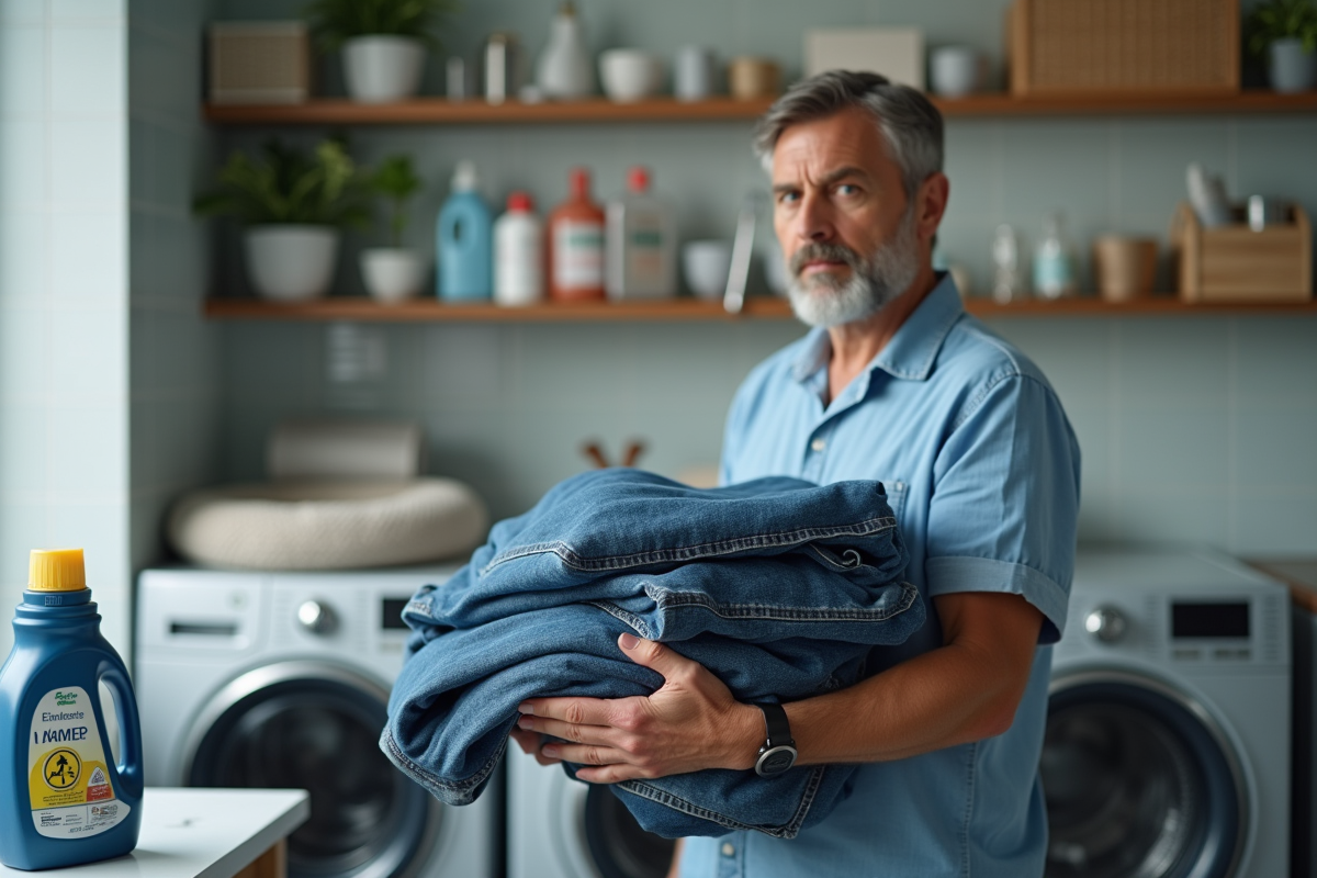 Homme dans une laverie tenant des jeans et un detergent écologique
