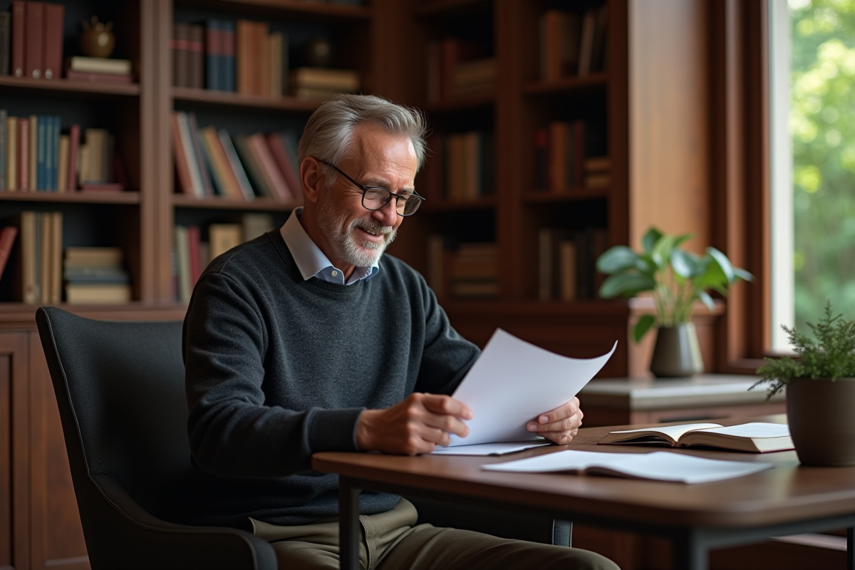 Homme détendu dans une bibliothèque chaleureuse