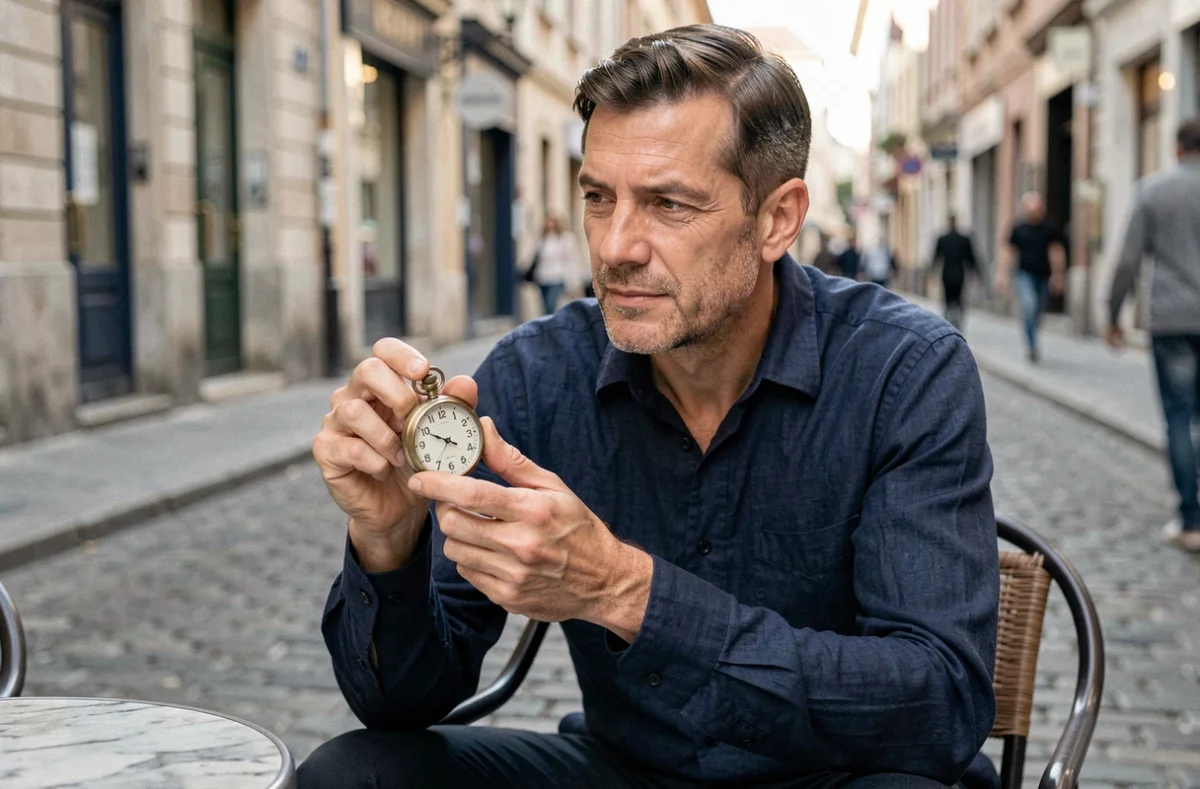 Homme tenant une montre de poche ancienne indiquant 15h55 dans un café européen, évoquant la symbolique spirituelle et les décisions à prendre