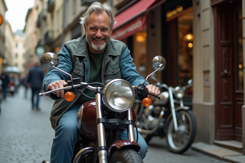 Homme examine une moto 50cc vintage devant un magasin ancien