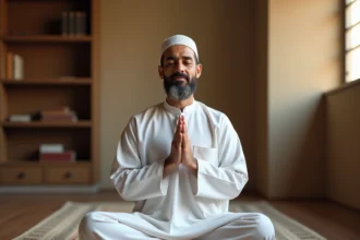 Homme musulman en prière récitant le duaa Istikhara assis sur un tapis de prière à motifs islamiques chez lui