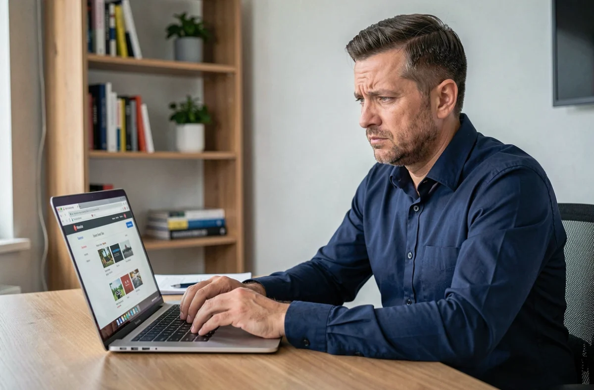 Homme consultant son ordinateur portable pour annuler un achat sur Le Bon Coin après paiement