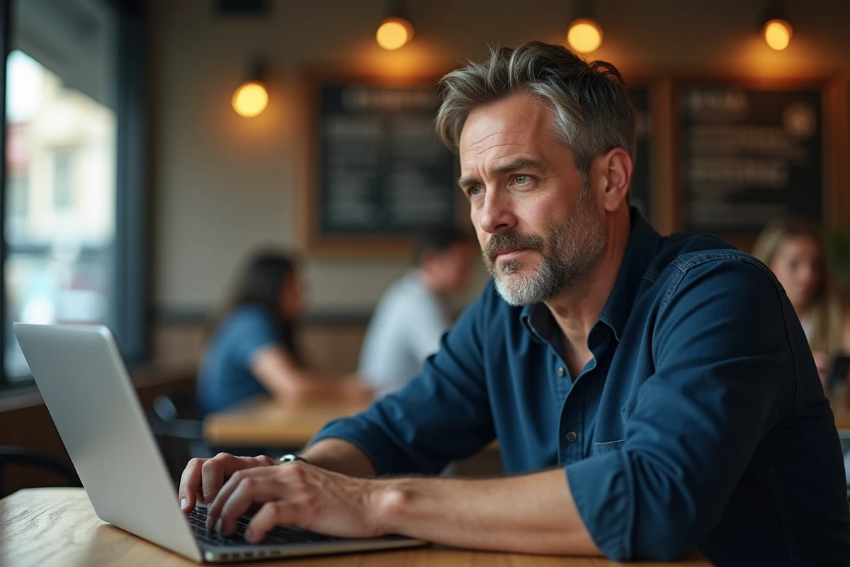 Homme concentré tapant sur un ordinateur portable dans un café, illustrant la vérification orthographique lors de la rédaction d'un texte