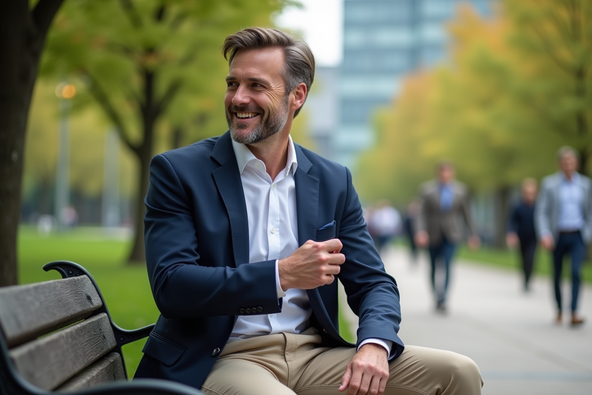 Homme en blazer navy assis dans un parc urbain