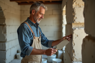 Homme moyenâgeux appliquant du mortier sur un mur en atelier