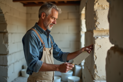 Homme moyenâgeux appliquant du mortier sur un mur en atelier