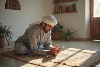 Homme musulman priant avec smartphone dans un salon lumineux
