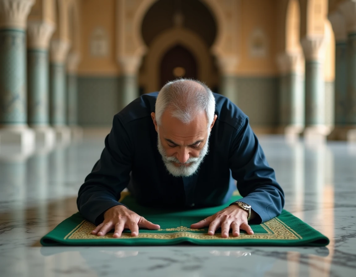 Homme musulman en prosternation sur un tapis de prière dans une mosquée lors de la prière Istikhara