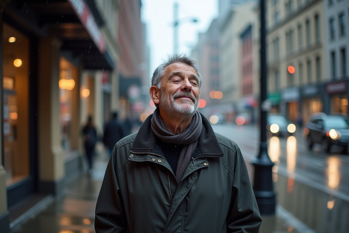 Homme dans la ville sous la pluie respire profondément
