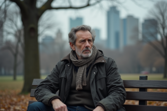 Homme d'âge moyen assis seul sur un banc dans un parc urbain