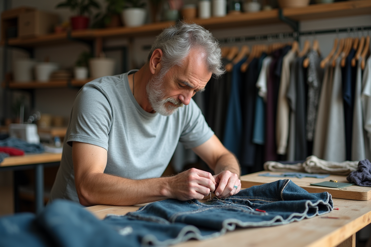 Homme réparant un vêtement avec aiguille et fil dans atelier