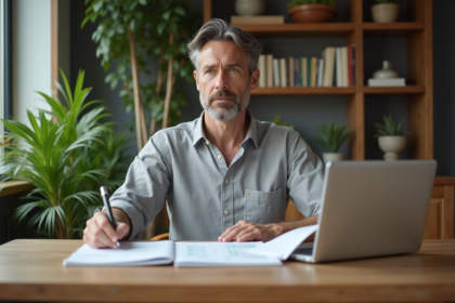 Homme concentré travaillant avec notes et ordinateur dans un intérieur lumineux