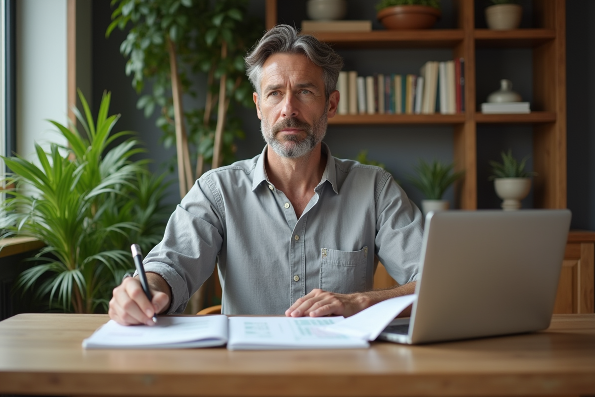 Homme concentré travaillant avec notes et ordinateur dans un intérieur lumineux