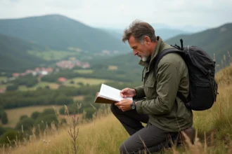 Homme d'âge moyen en plein air en Auvergne regardant un carnet