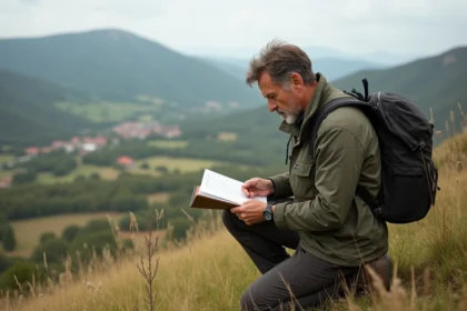 Homme d'âge moyen en plein air en Auvergne regardant un carnet