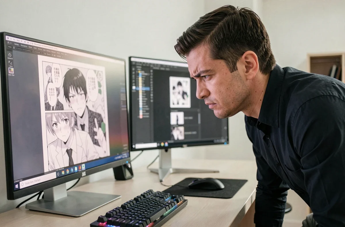 Homme frustré devant un écran affichant un scan de manga flou et de mauvaise qualité