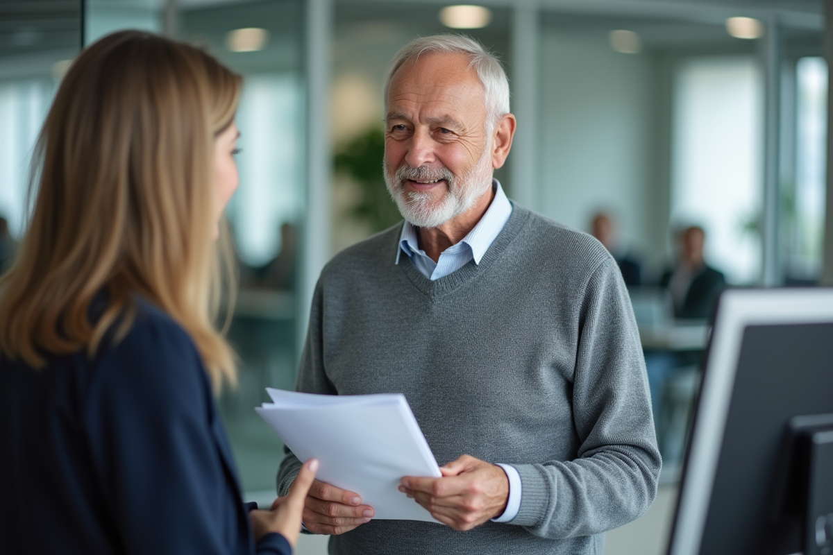 Homme senior parle avec conseiller dans un bureau de retraite