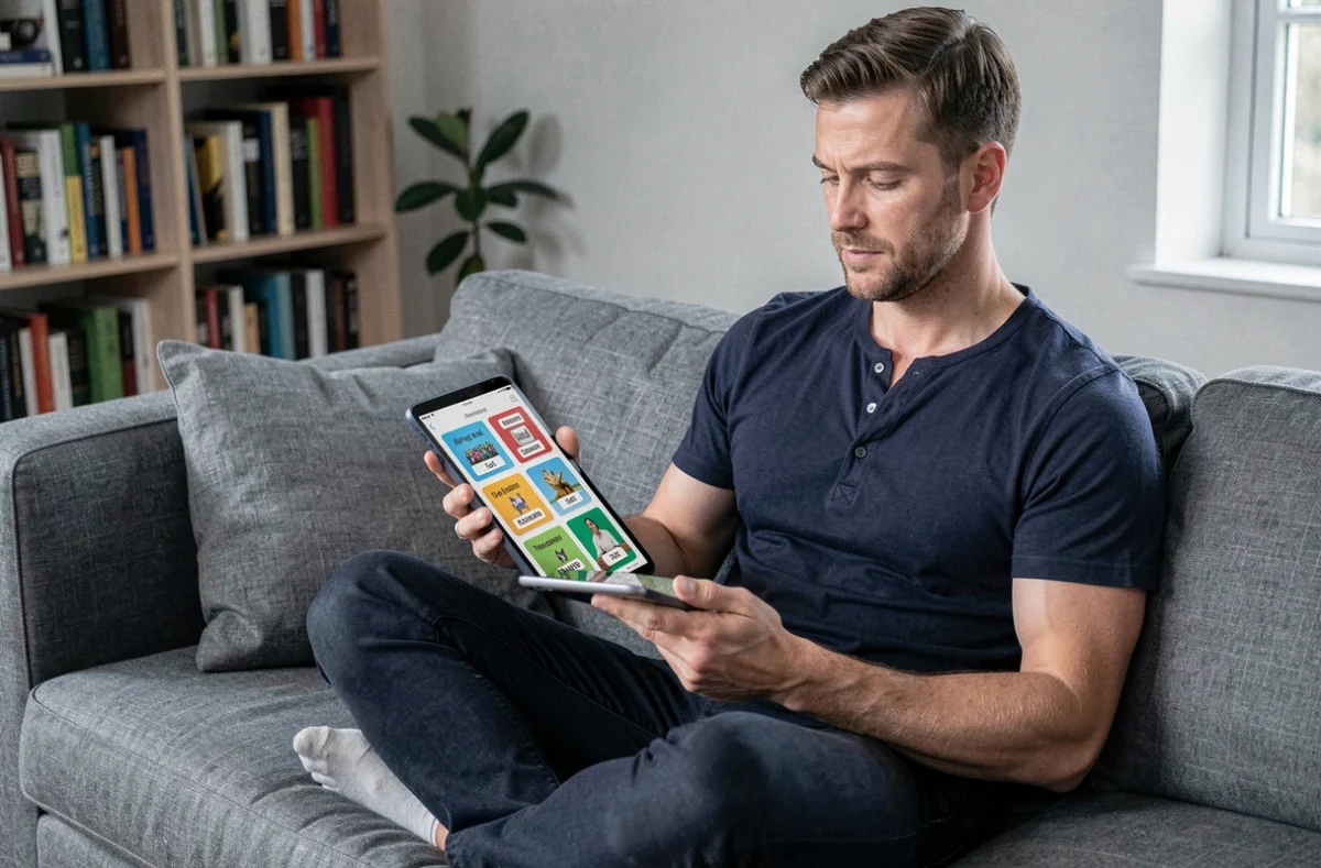 Homme résolvant une énigme 4 Images 1 Mot en 5 lettres sur tablette iOS dans un salon