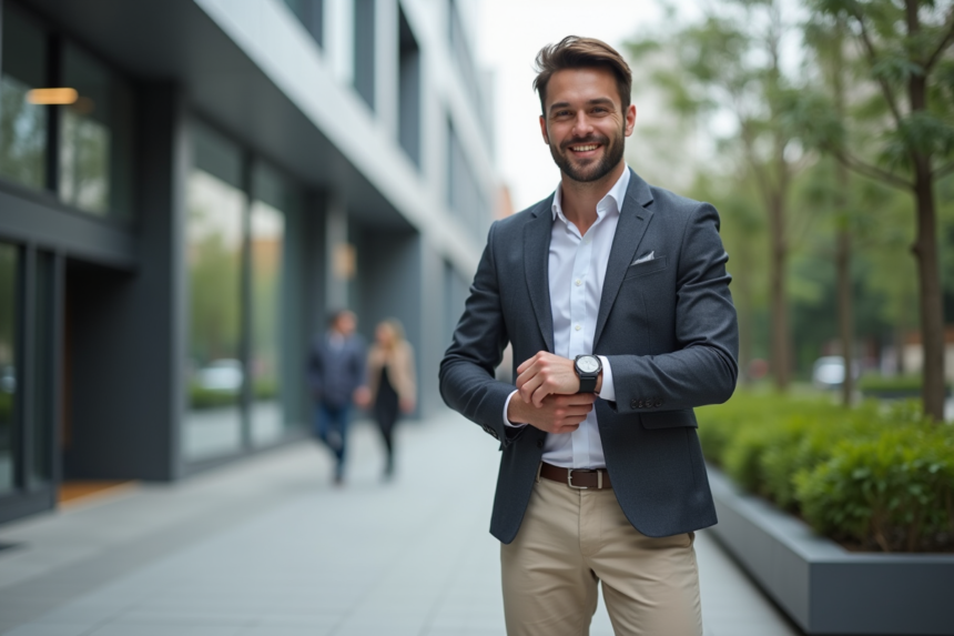 Homme élégant ajustant sa montre en ville