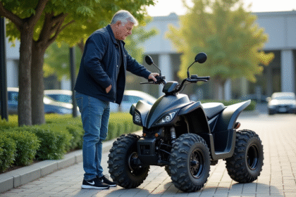 Homme d'âge moyen examinant un quadricycle en concession