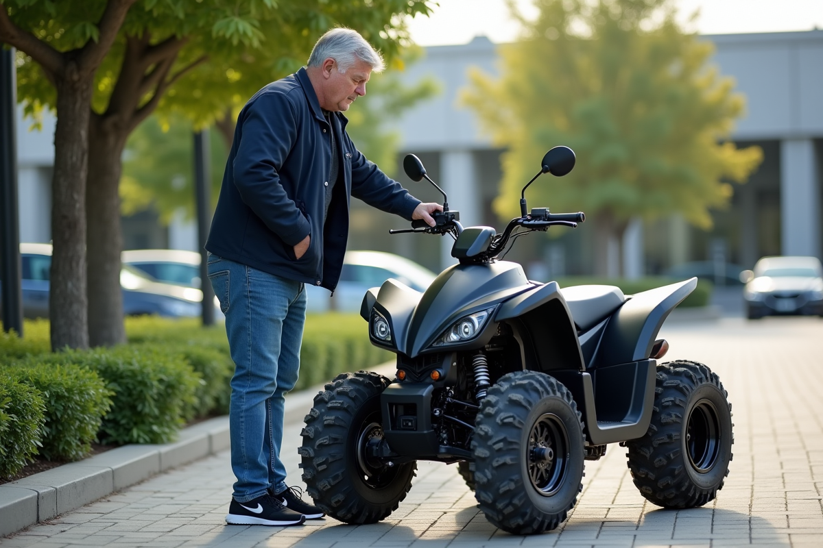 Homme d'âge moyen examinant un quadricycle en concession