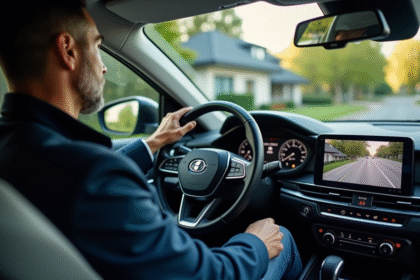 Homme inspectant le tableau de bord d'une voiture moderne