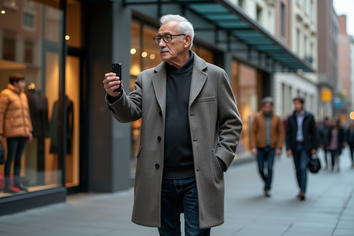 Homme examine veste hightech dans une rue urbaine