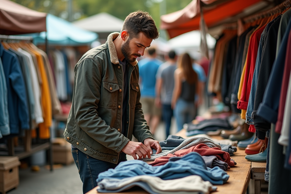 Homme arrangeant des vêtements vintage sur une table en marché