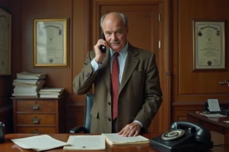 Homme d'âge moyen avec téléphone mobile vintage dans un bureau des années 70